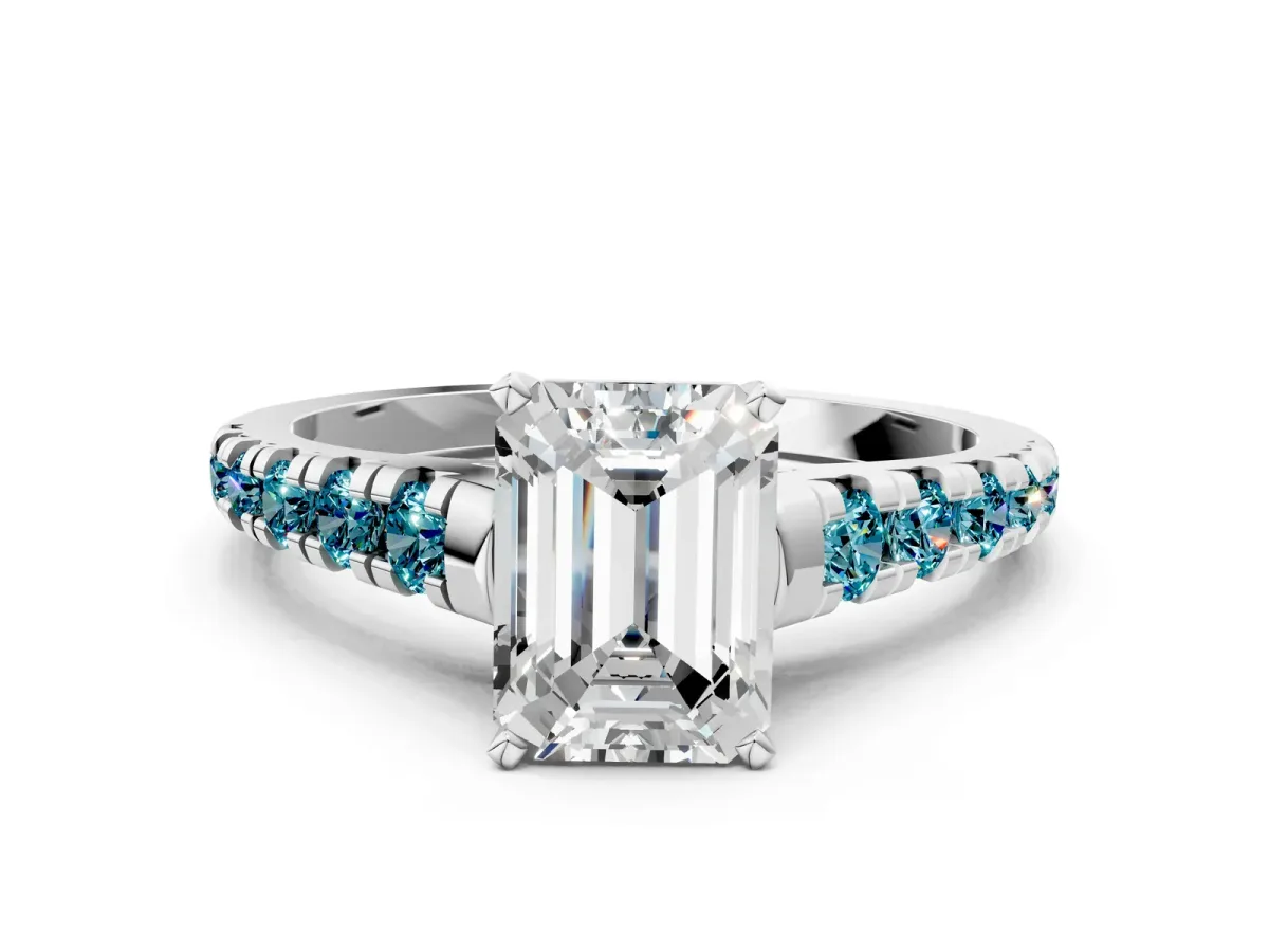 Emerald Cut Diamond Cathedral Solitaire Ring with Round Blue Topaz Pavé Band Platinum