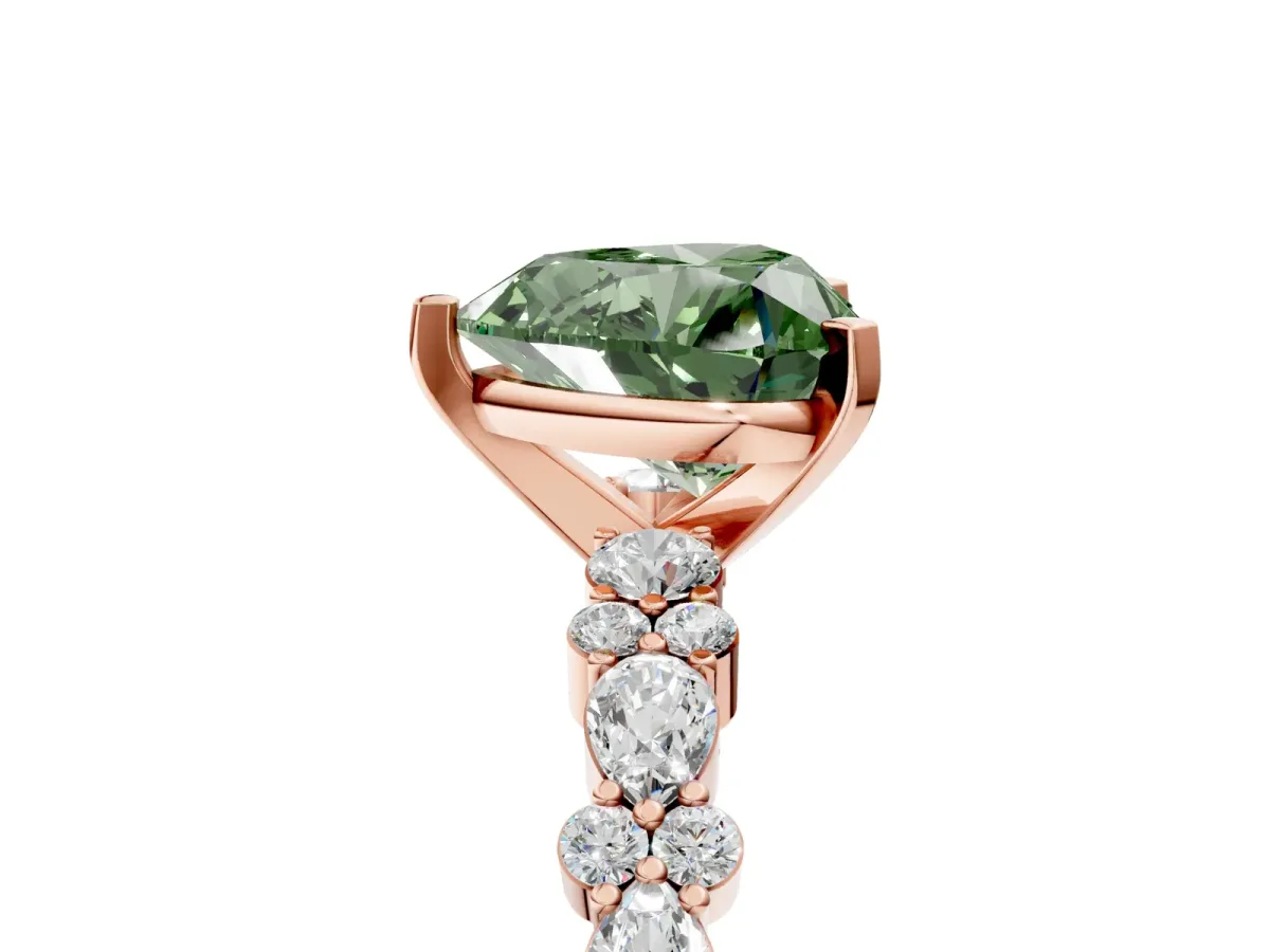 Fancy Green Heart Cut Diamond Side Stone Solitaire Ring with Round and Four-Prong Setting Rose gold