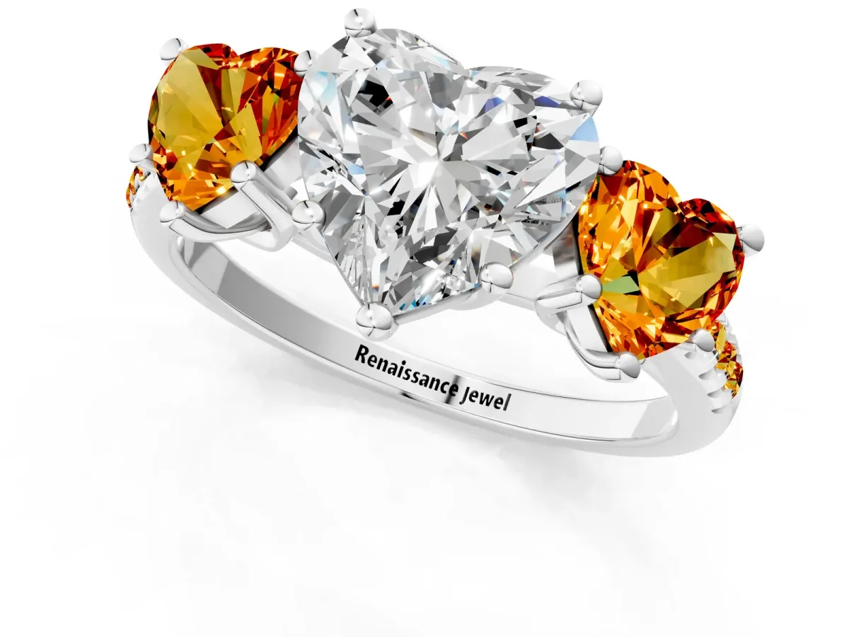 Three-Stone Heart Cut Diamond Ring with Round Citrine Pavé Band and Prong Setting White gold