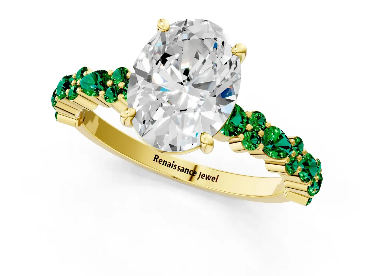 Oval Cut Diamond Side Stone Solitaire Ring with Round Emerald and Four-Prong Setting Yellow gold