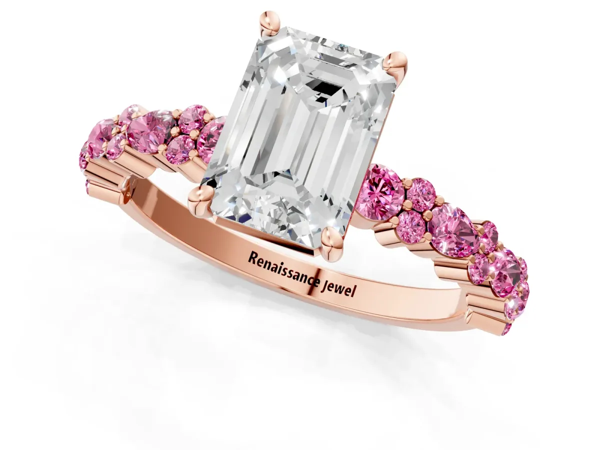 Emerald Cut Diamond Side Stone Solitaire Ring with Round Pink Sapphire and Four-Prong Setting Rose gold