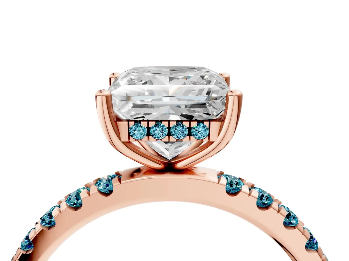 Princess Cut Diamond Pave Band Solitaire Ring with Round Blue Topaz and Prong Setting Rose gold