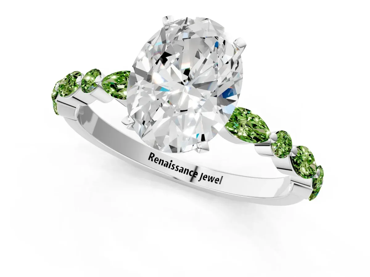 Oval Cut Diamond Ring with Marquise and Round Peridot Side Stones and Four-Prong Setting Silver
