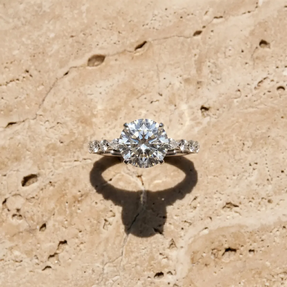 Round Cut Diamond Ring with Marquise and Round Side Stones and Four-Prong Setting White gold