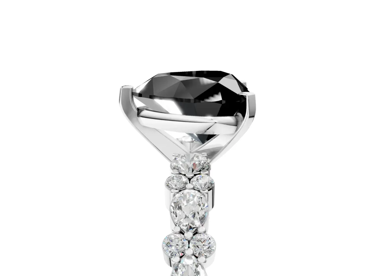 Fancy Black Heart Cut Diamond Side Stone Solitaire Ring with Round and Four-Prong Setting Platinum