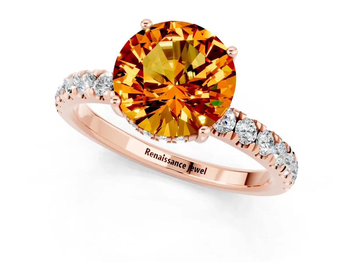 Round Cut Citrine Pave Band Solitaire Ring with Round and Prong Setting Rose gold