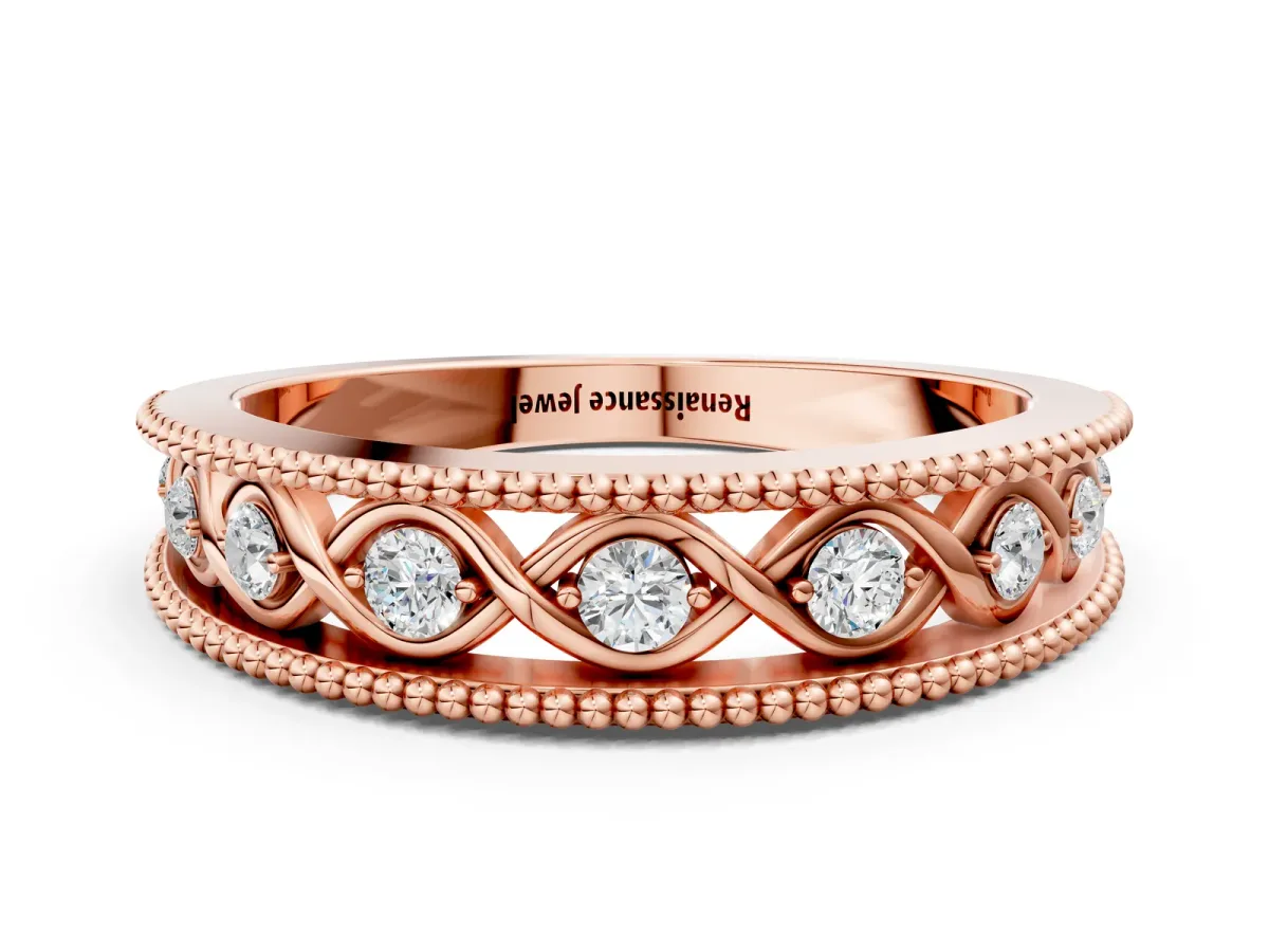Round Diamond Twist Milgrain Band with Bezel Setting Rose gold