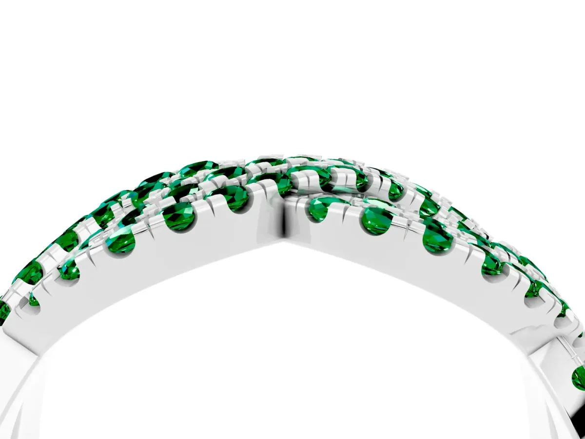 Pavé Round Emerald Infinity Twist Band with Shared Prong Setting White gold