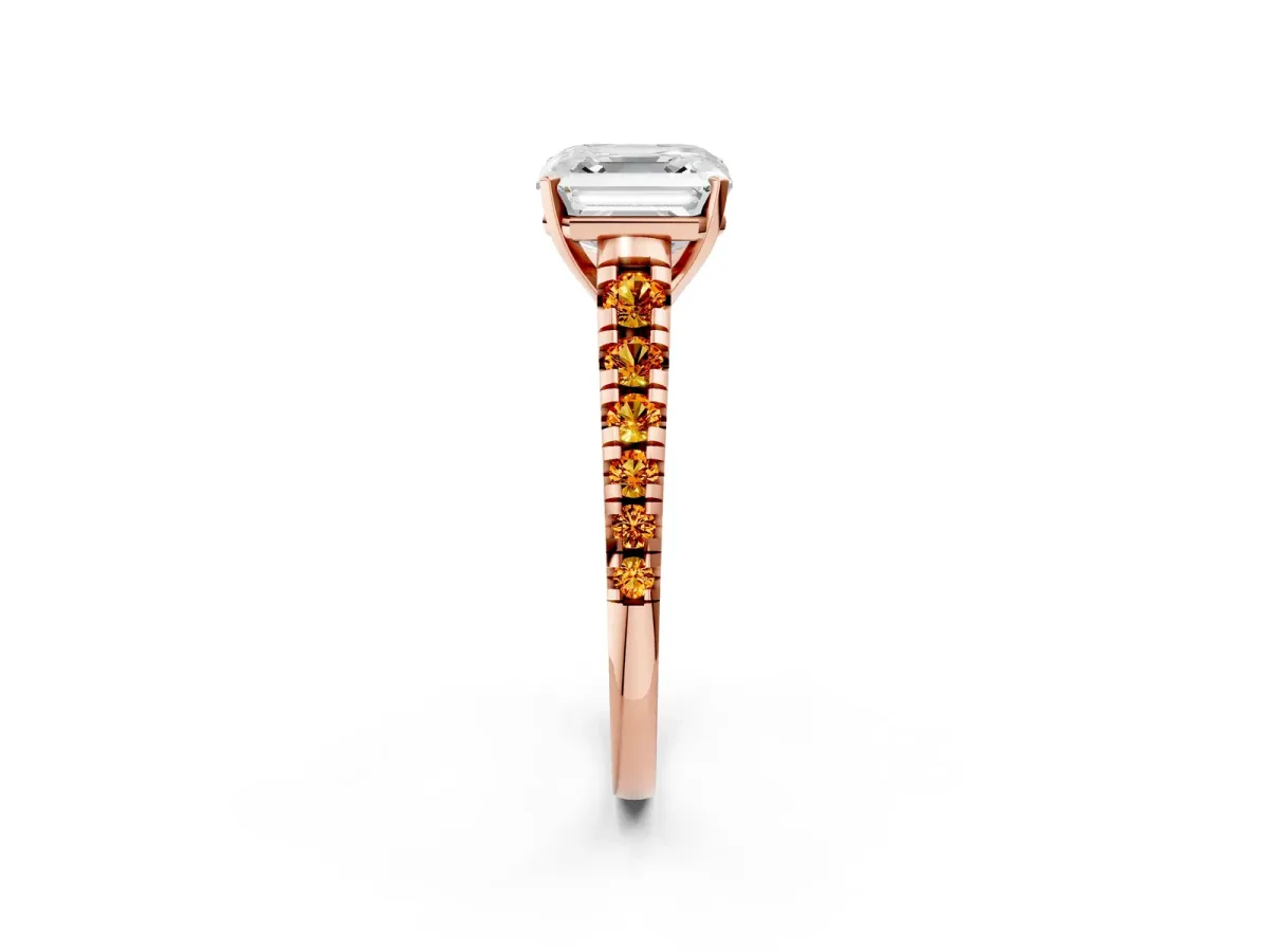Asscher Cut Diamond Cathedral Solitaire Ring with Round Citrine Pavé Band Rose gold