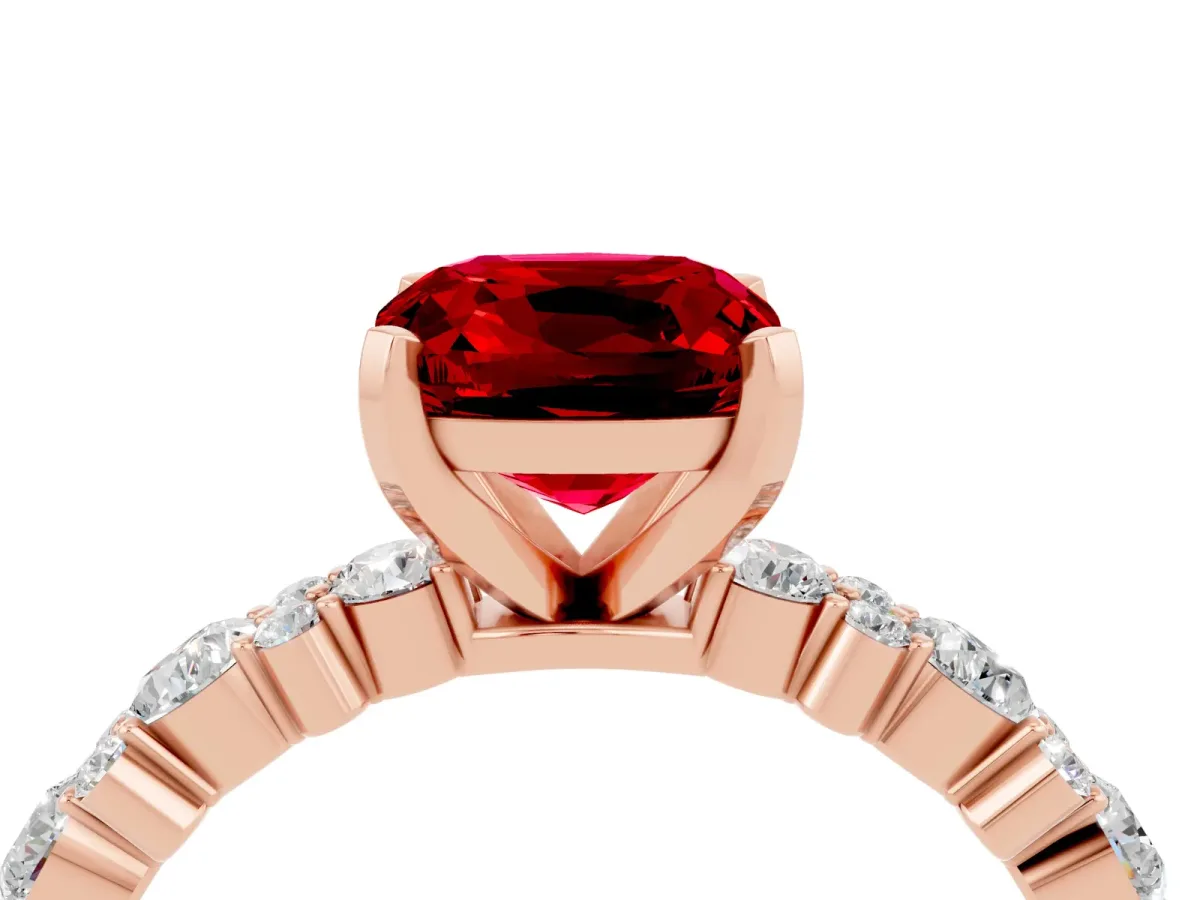 Cushion Cut Ruby Side Stone Solitaire Ring with Round and Four-Prong Setting Rose gold