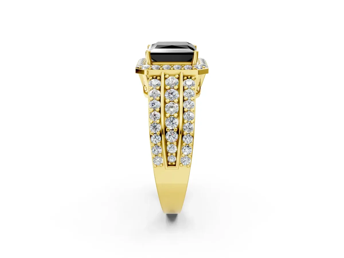 Fancy Black Princess Cut Halo Diamond Ring with Round Split Shank and Prong Setting Yellow gold