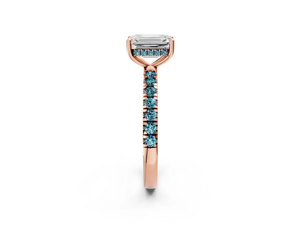 Emerald Cut Diamond Pave Band Solitaire Ring with Round Blue Topaz and Prong Setting Rose gold