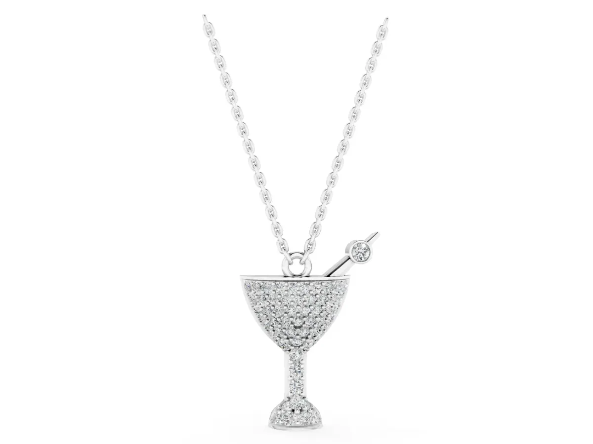 Pavé Round Diamond Martini Glass Pendant with Bezel Prong Setting White gold