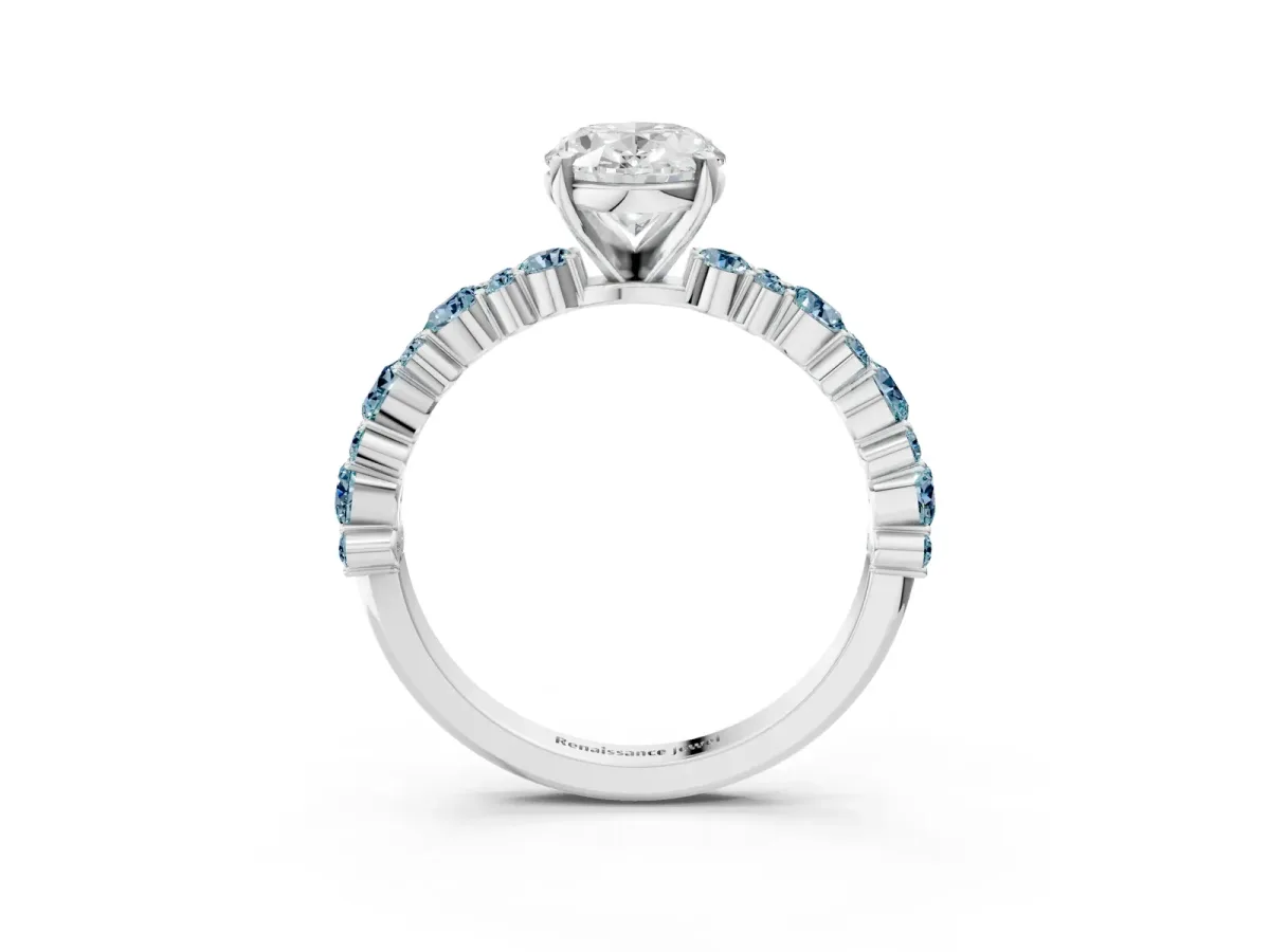 Oval Cut Diamond Side Stone Solitaire Ring with Round Aquamarine and Four-Prong Setting White gold
