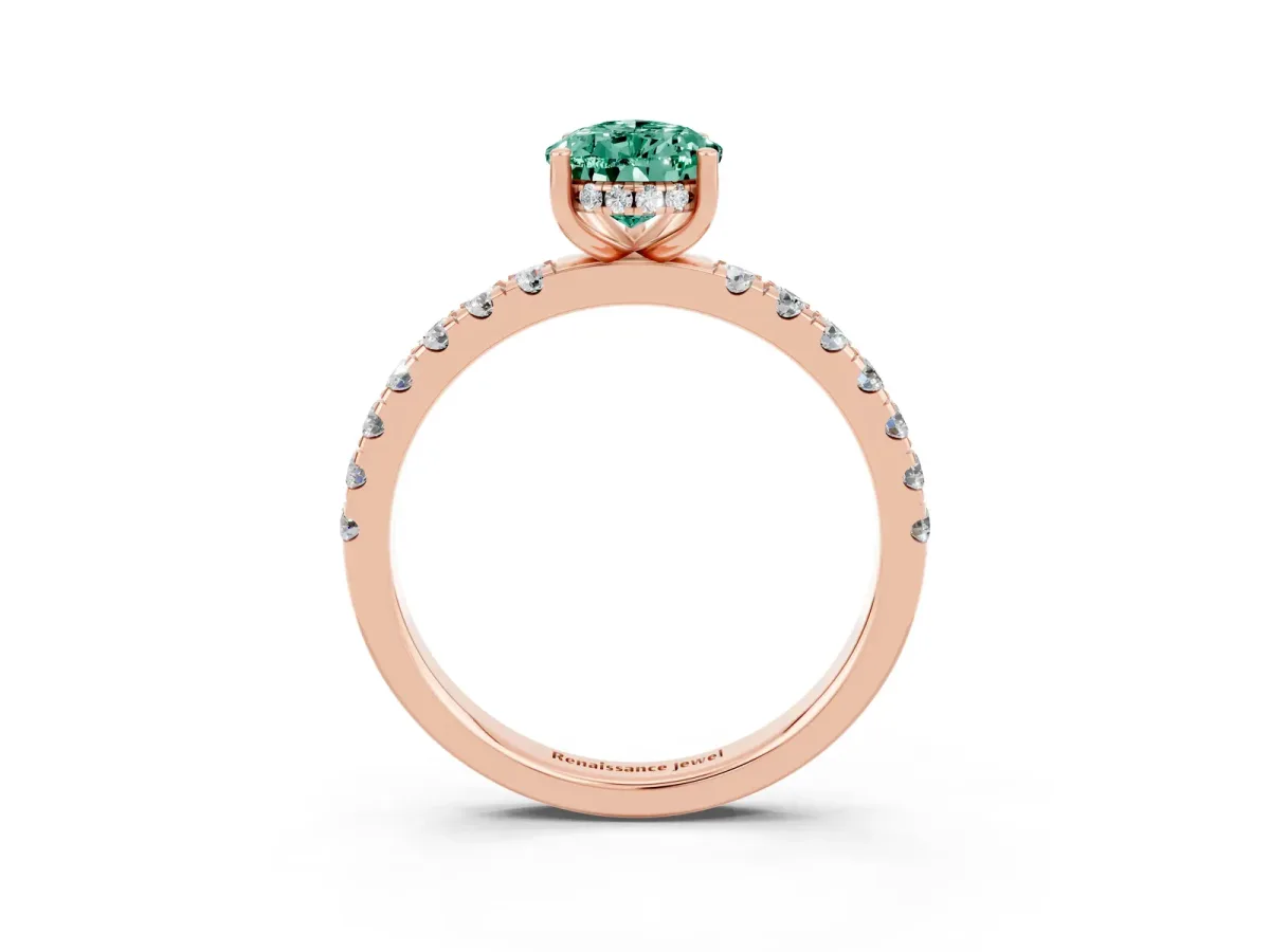 Pear Cut Green Sapphire Pave Band Solitaire Ring with Round and Prong Setting Rose gold