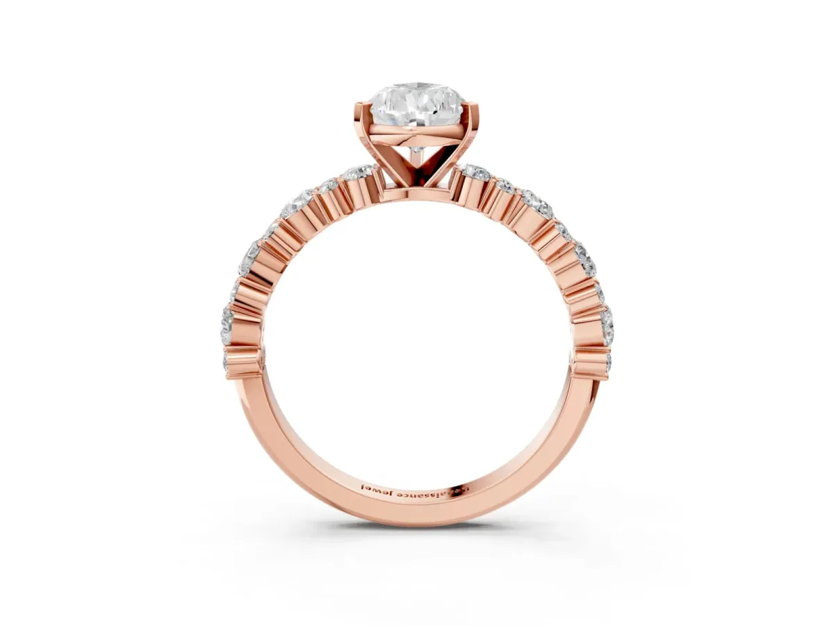 Pear Cut Diamond Side Stone Solitaire Ring with Round and Four-Prong Setting Rose gold