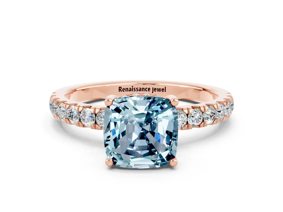 Cushion Cut Aquamarine Pave Band Solitaire Ring with Round and Prong Setting Rose gold