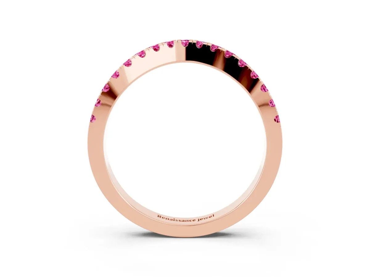 Round Pink Sapphire Pavé Curved Band with Shared Prong Setting Rose gold