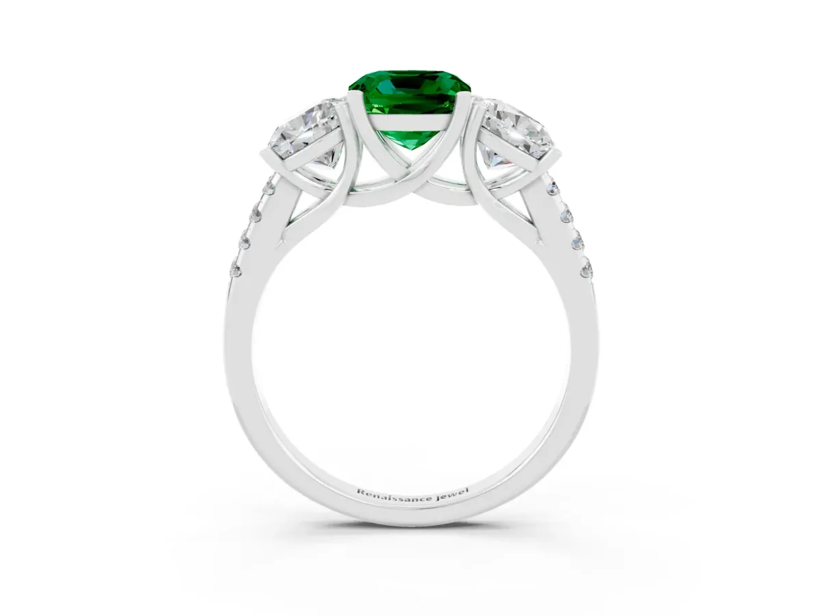Three-Stone Cushion Cut Emerald Ring with Round Pavé Band and Prong Setting White gold
