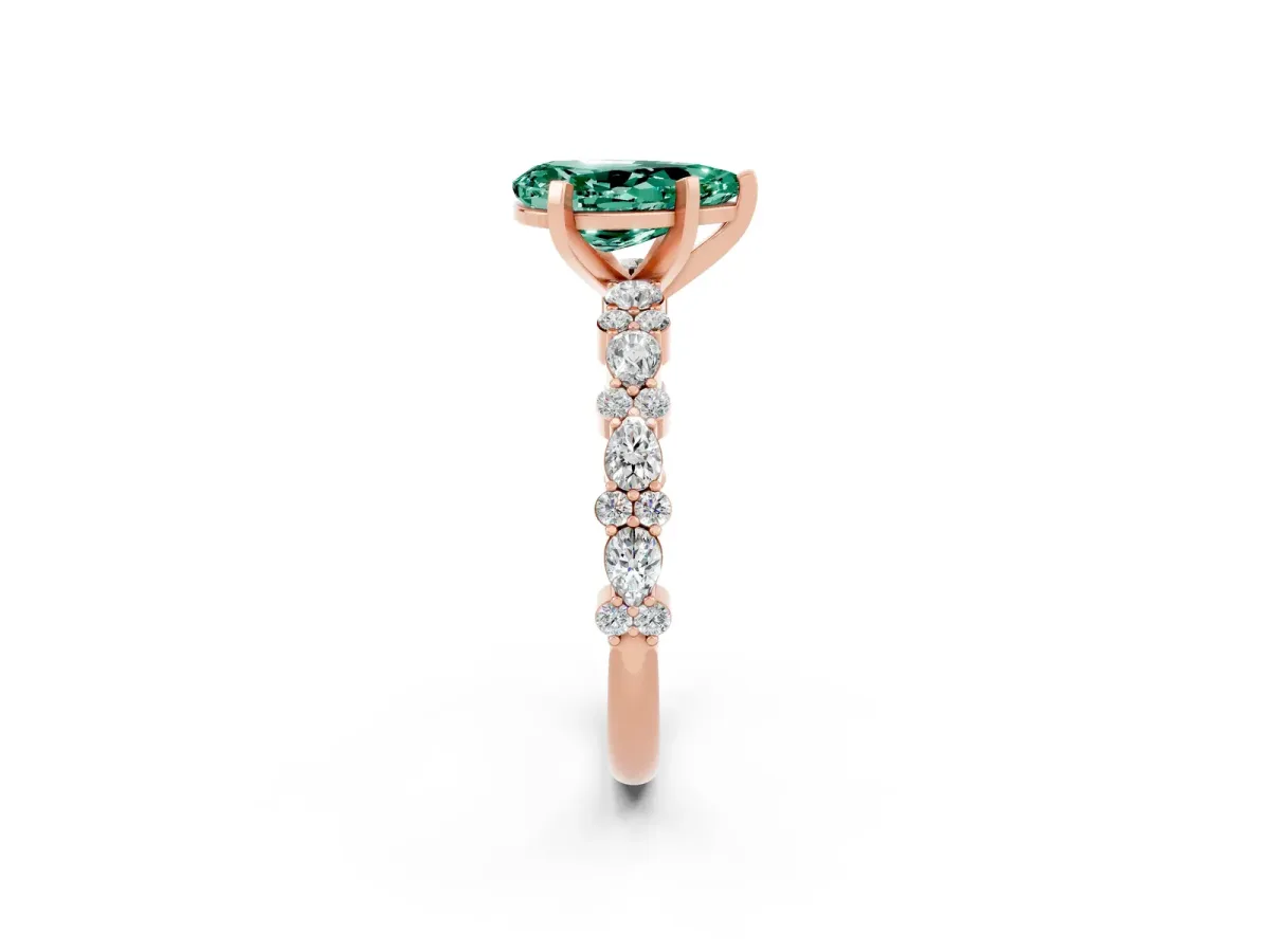 Pear Cut Green Sapphire Side Stone Solitaire Ring with Round and Four-Prong Setting Rose gold