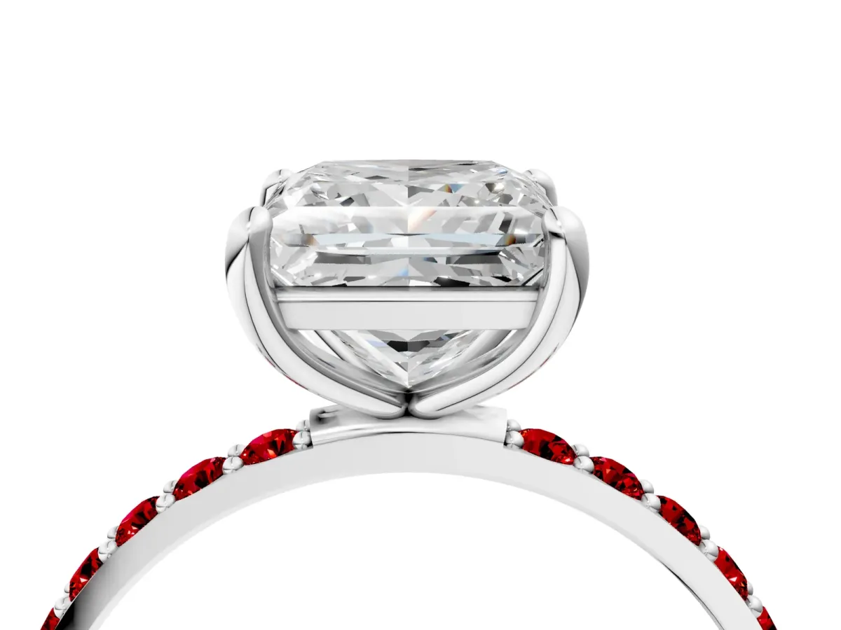 Princess Cut Diamond Solitaire Ring with Round Ruby Pavé Band and Prong Setting Silver
