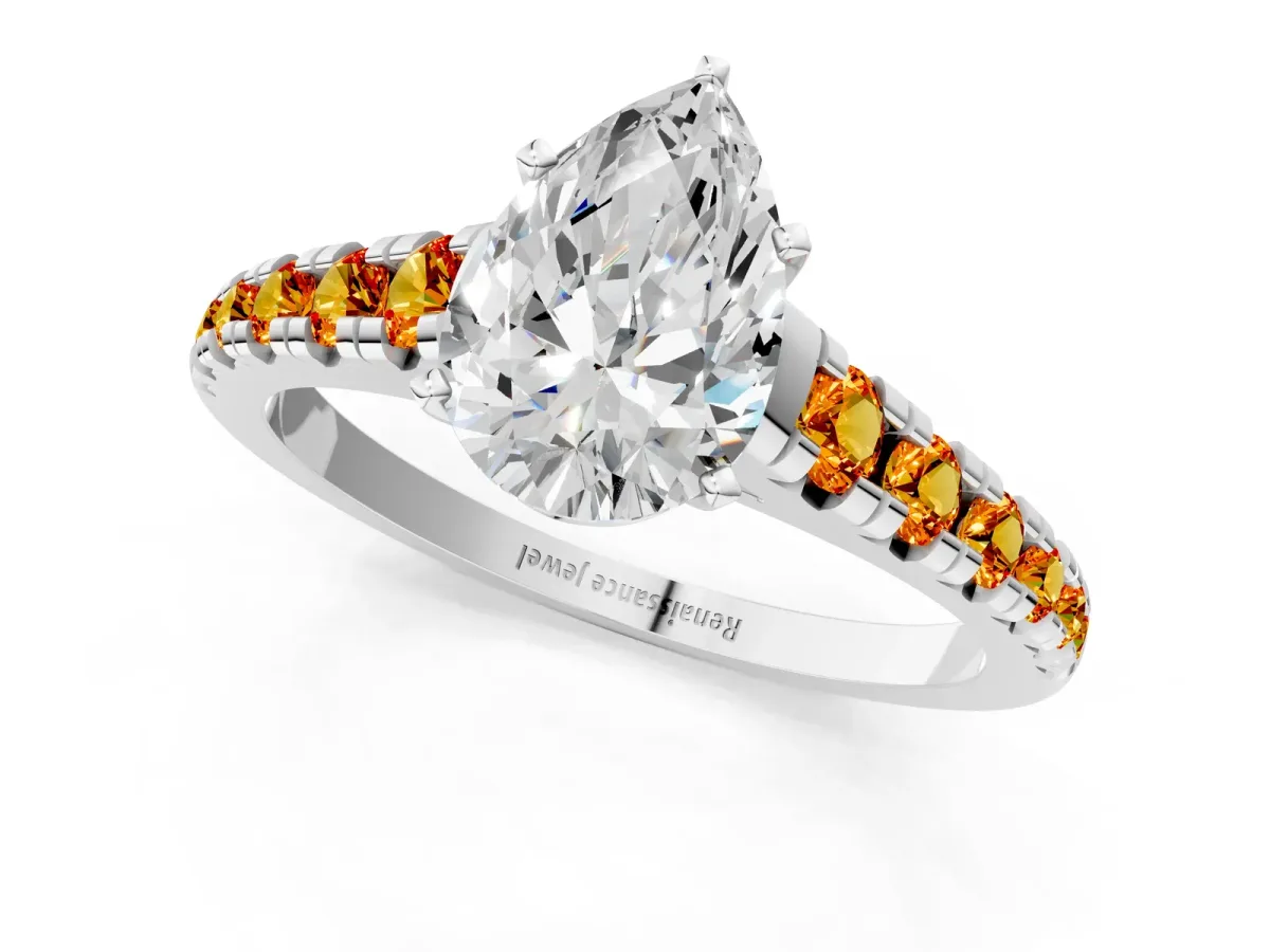 Pear Cut Diamond Cathedral Solitaire Ring with Round Citrine Pavé Band Silver