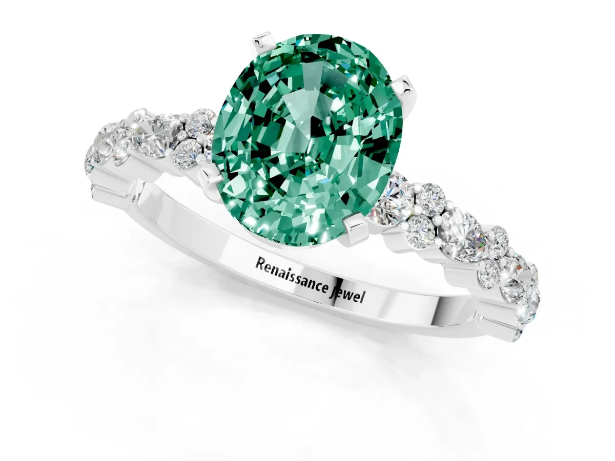 Oval Cut Green Sapphire Side Stone Solitaire Ring with Round and Four-Prong Setting White gold