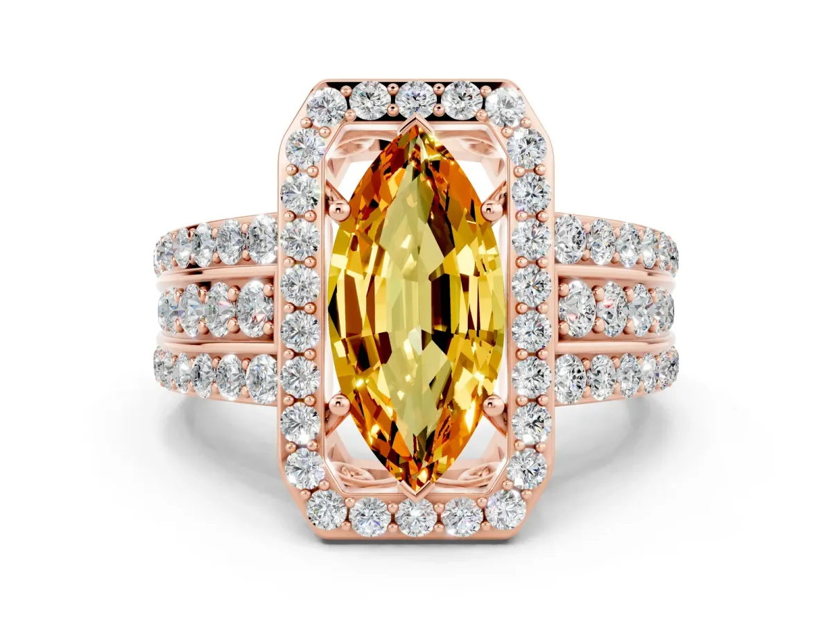 Marquise Cut Halo Citrine Ring with Round Split Shank and Prong Setting Rose gold