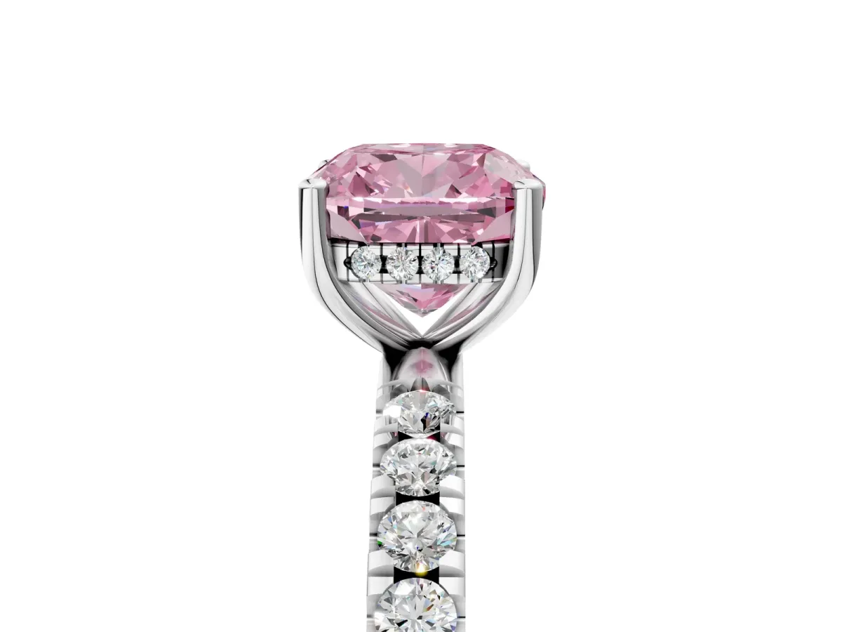 Fancy Pink Cushion Cut Diamond Pave Band Solitaire Ring with Round and Prong Setting Platinum