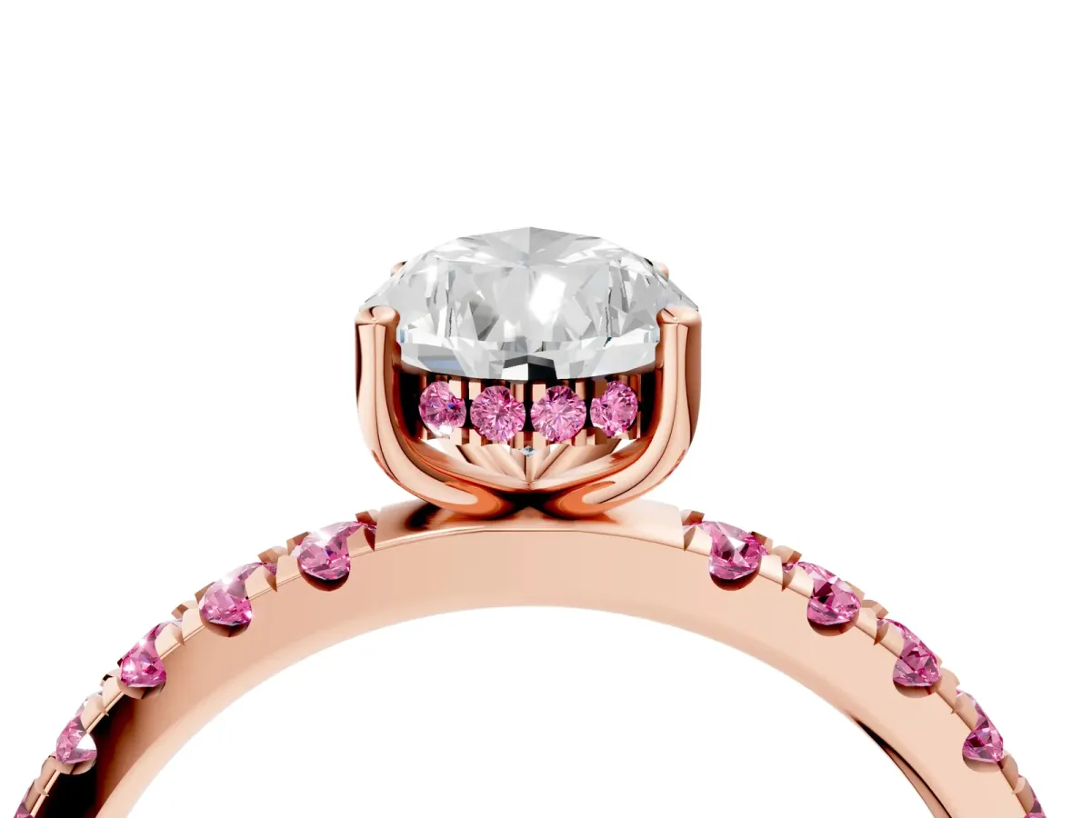 Pear Cut Diamond Pave Band Solitaire Ring with Round Pink Sapphire and Prong Setting Rose gold
