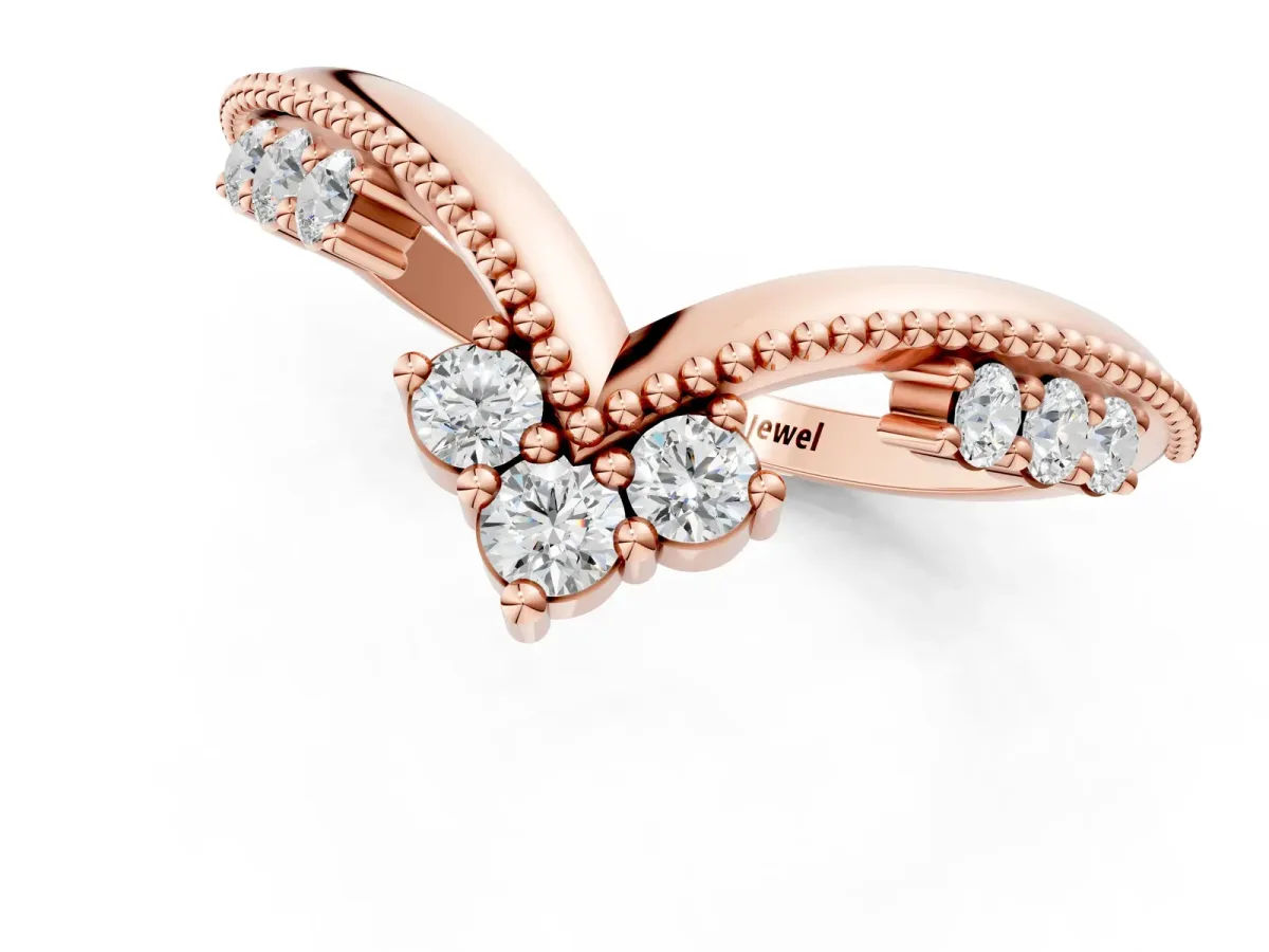 Diamond Chevron Milgrain Band with Round Cut Stones and Prong Setting Rose gold