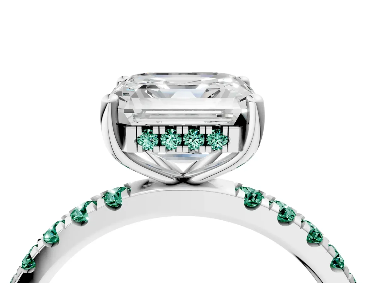 Asscher Cut Diamond Pave Band Solitaire Ring with Round Green Sapphire and Prong Setting Platinum