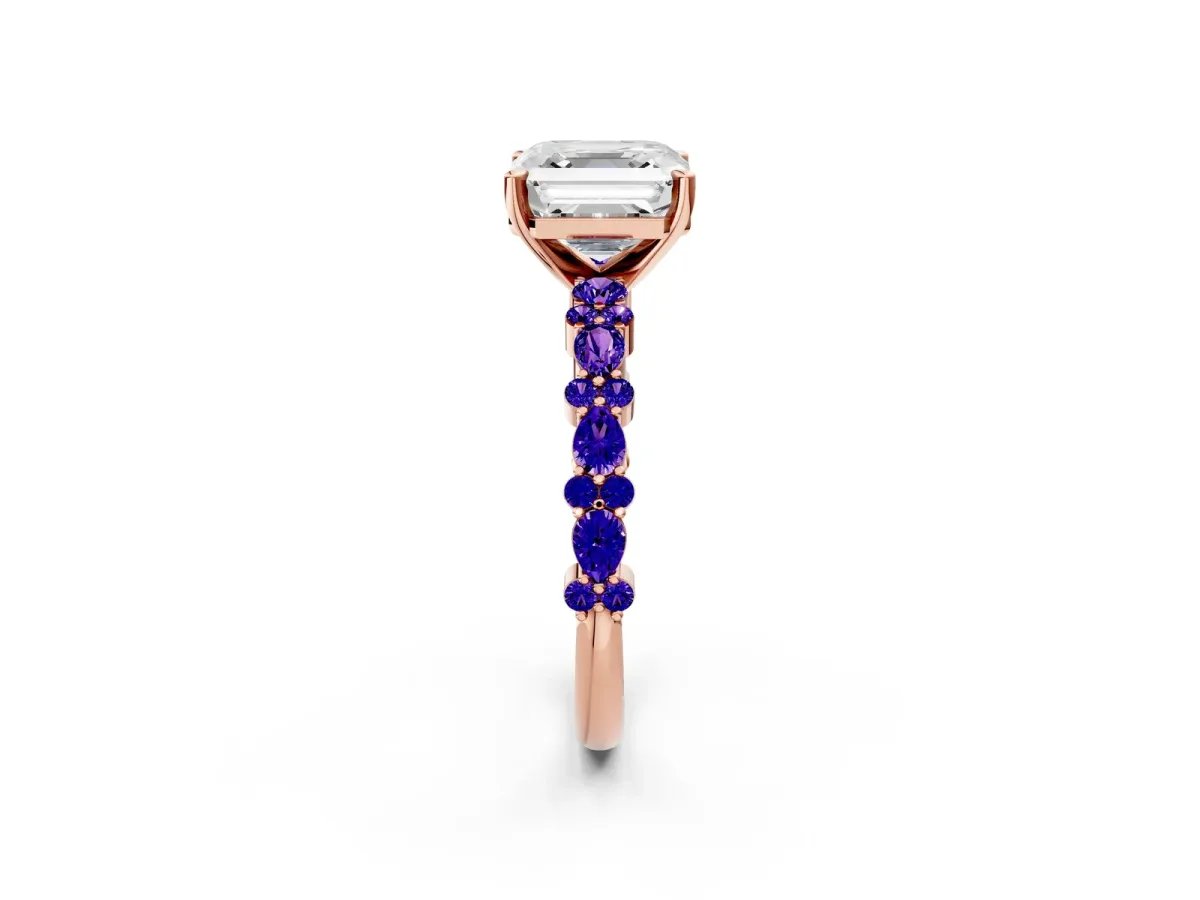 Asscher Cut Diamond Side Stone Solitaire Ring with Round Tanzanite and Four-Prong Setting Rose gold