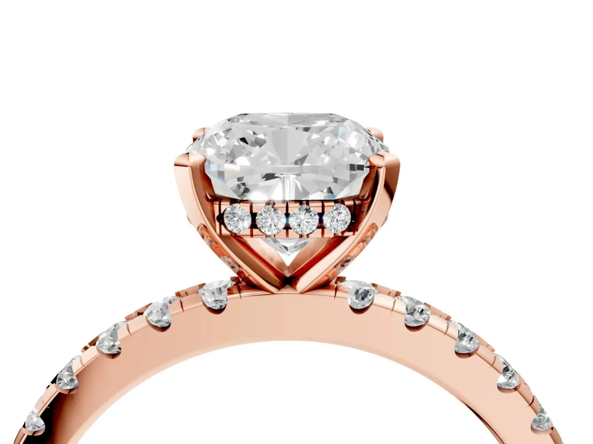 Cushion Cut Diamond Solitaire Ring with Round Pavé Band and Four-Prong Setting Rose gold