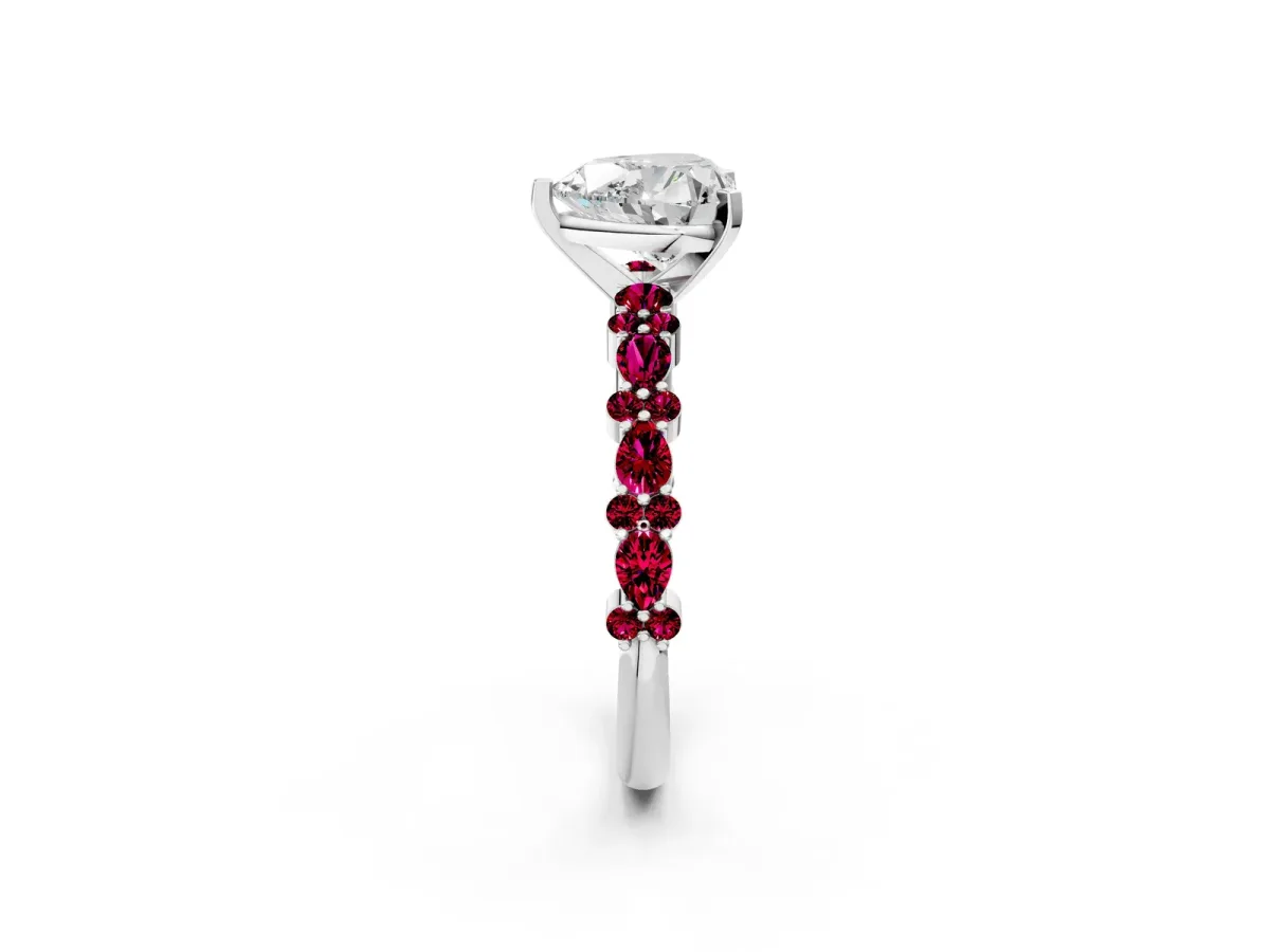 Heart Cut Diamond Side Stone Solitaire Ring with Round Garnet and Four-Prong Setting Platinum