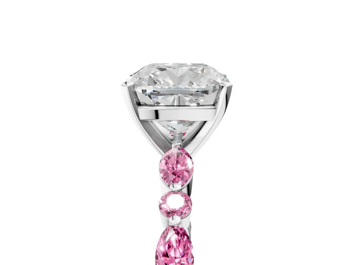 Cushion Cut Diamond Ring with Marquise and Round Pink Sapphire Side Stones and Four-Prong Setting Silver