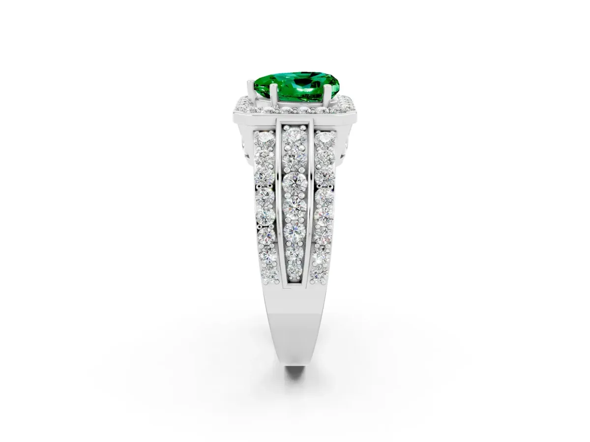 Heart Cut Halo Emerald Ring with Round Split Shank and Prong Setting Silver