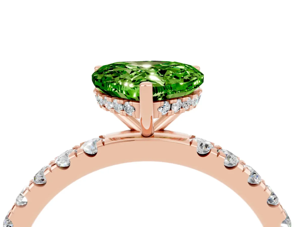 Heart Cut Peridot Pave Band Solitaire Ring with Round and Prong Setting Rose gold
