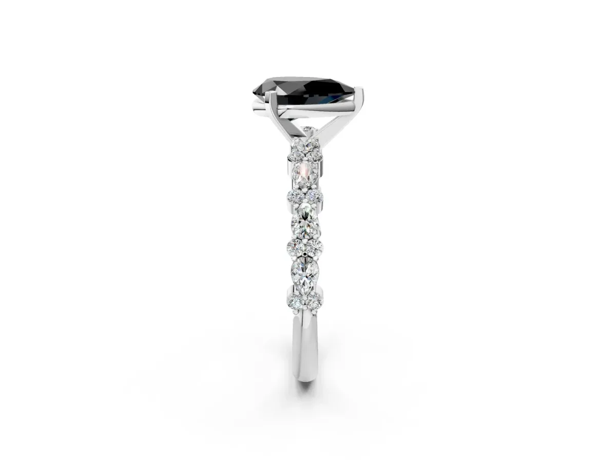Fancy Black Pear Cut Diamond Side Stone Solitaire Ring with Round and Four-Prong Setting Platinum