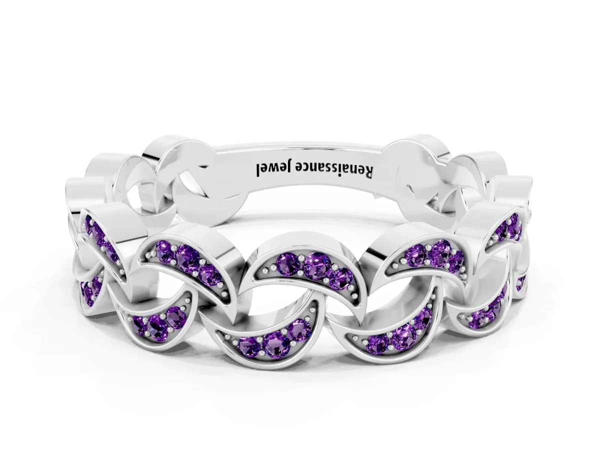 Pavé Round Amethyst Interlocking Eternity Band with Bezel Prong Setting Platinum