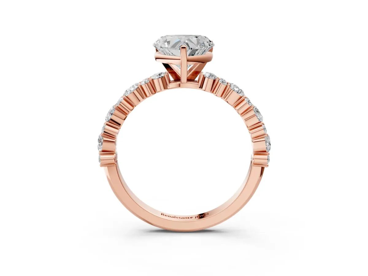 Heart Cut Diamond Side Stone Solitaire Ring with Round Moissanite and Four-Prong Setting Rose gold