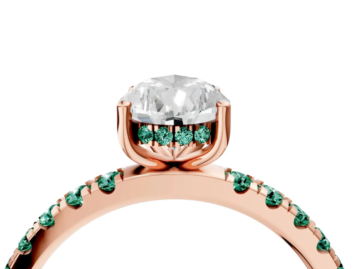 Pear Cut Diamond Pave Band Solitaire Ring with Round Green Sapphire and Prong Setting Rose gold