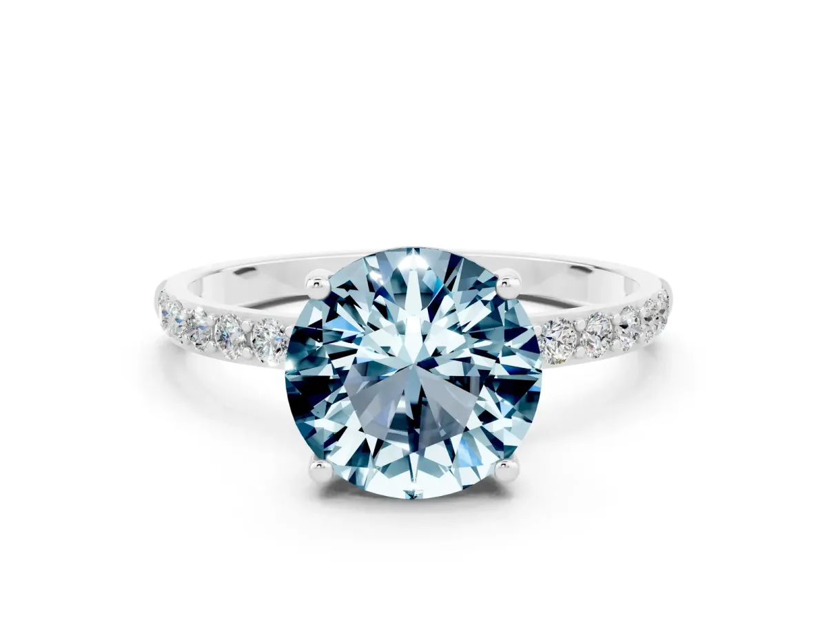 Round Cut Aquamarine Solitaire Ring with Round Pavé Band and Prong Setting Platinum