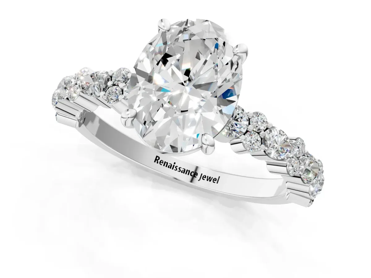 Oval Cut Diamond Side Stone Solitaire Ring with Round and Four-Prong Setting Platinum