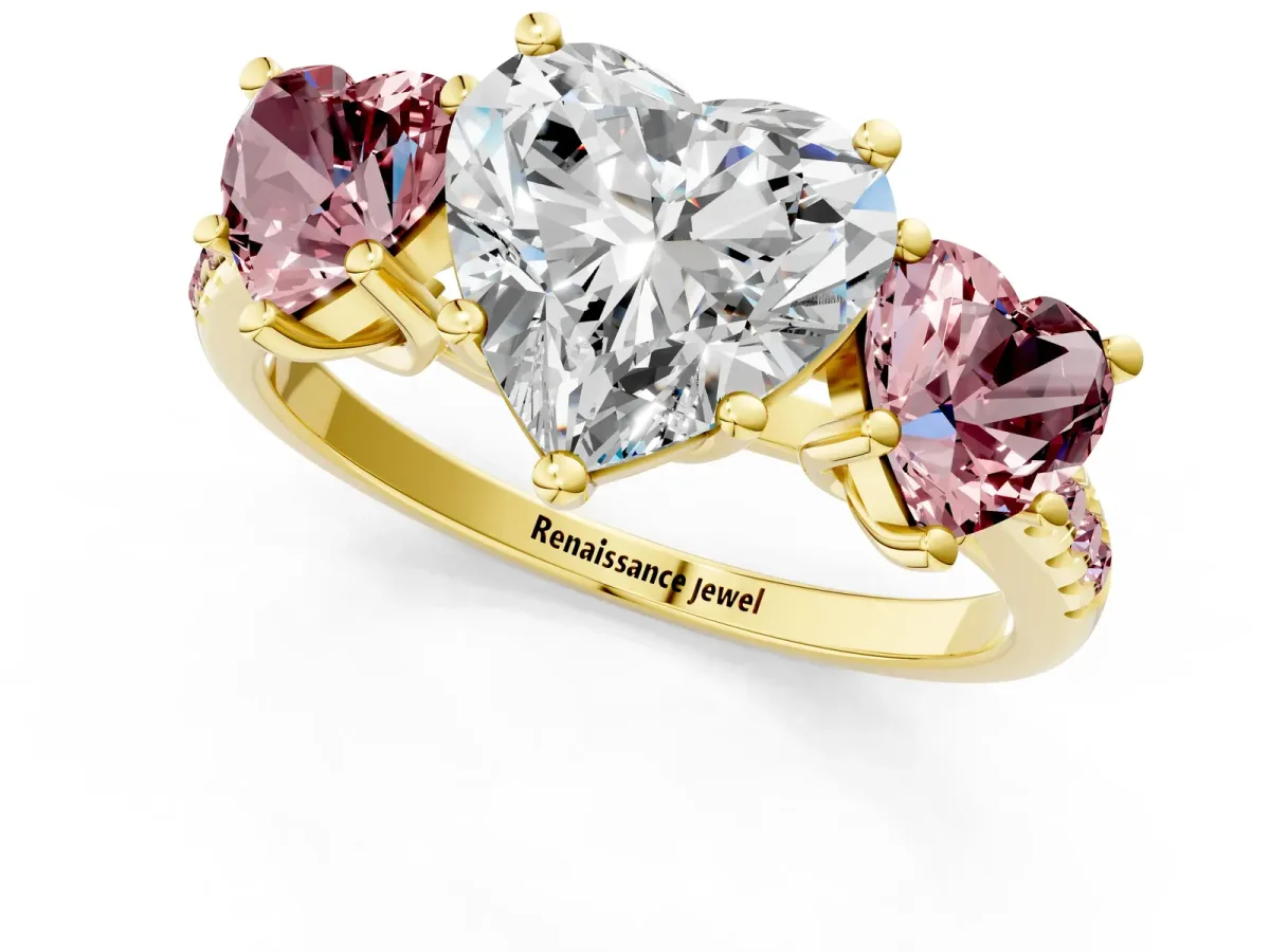 Three-Stone Heart Cut Diamond Ring with Round Morganite Pavé Band and Prong Setting Yellow gold
