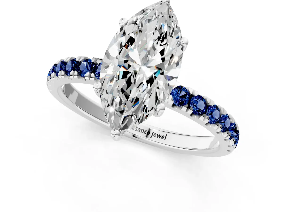 Marquise Cut Diamond Pave Band Solitaire Ring with Round Blue Sapphire and Prong Setting Platinum