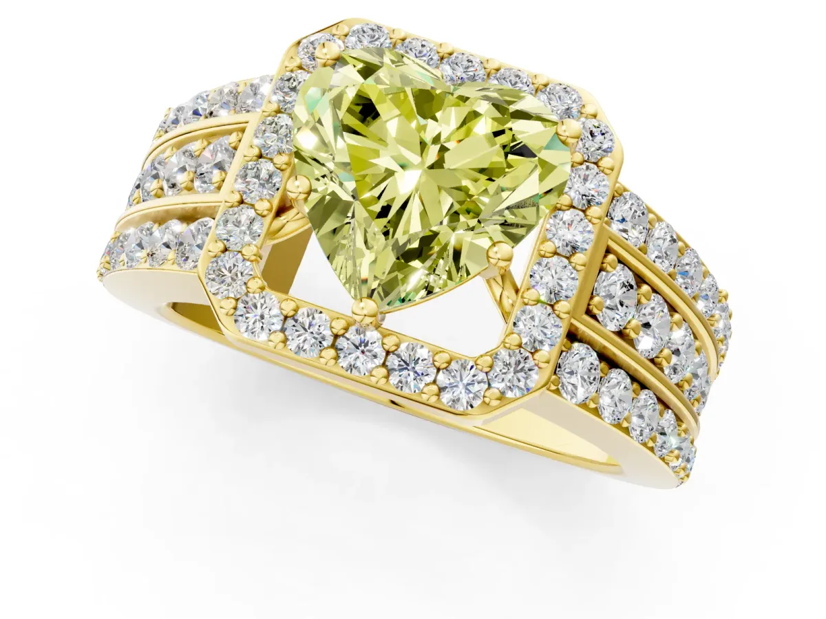 Fancy Yellow Heart Cut Halo Diamond Ring with Round Split Shank and Prong Setting Yellow gold