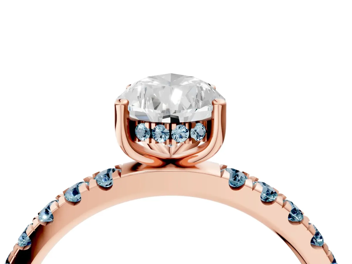 Pear Cut Diamond Pave Band Solitaire Ring with Round Aquamarine and Prong Setting Rose gold