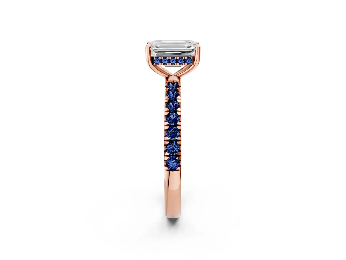 Emerald Cut Diamond Pave Band Solitaire Ring with Round Blue Sapphire and Prong Setting Rose gold