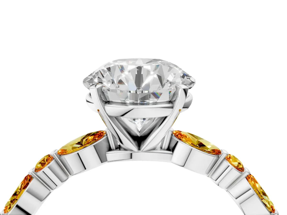 Round Cut Diamond Ring with Marquise and Round Citrine Side Stones and Four-Prong Setting Platinum